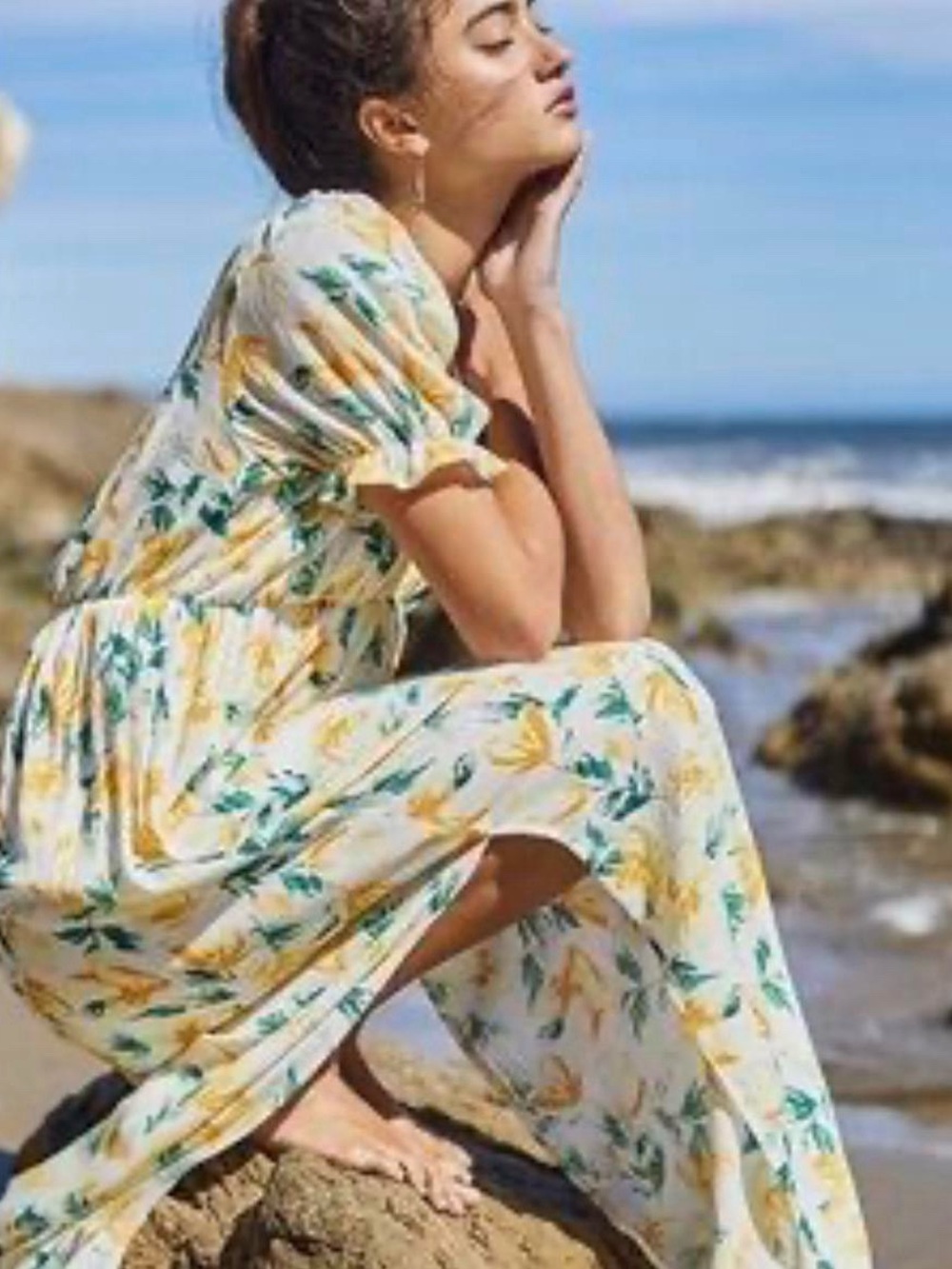 Ces Femme Yellow Floral Crinkle Plisse Maxi Dress Size Small 100% Rayon